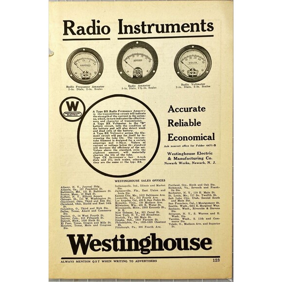 Westinghouse Radio Instruments "Accurate Reliable Economical" Vtg Print Ad 1923 - Picture 1 of 3